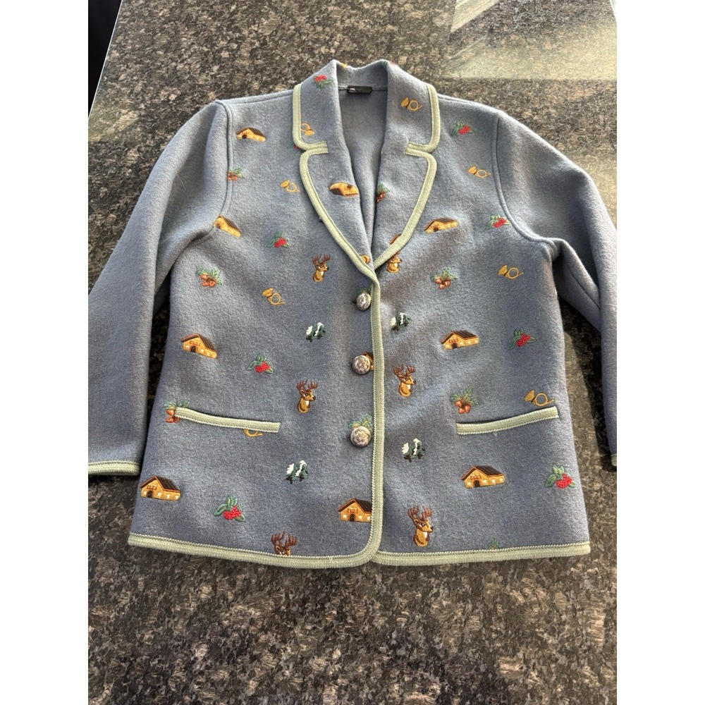 Vintage BERGWELT toyrol 10O% Pure Wool Cardigan Jacket Coat. Sz L 38 Embroidered